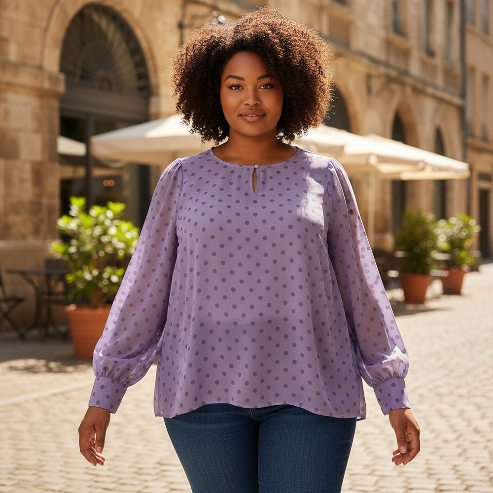 Torrid Blouse Women 1x Purple Polka Dot Long Sleeve Georgette Keyhole 19665546